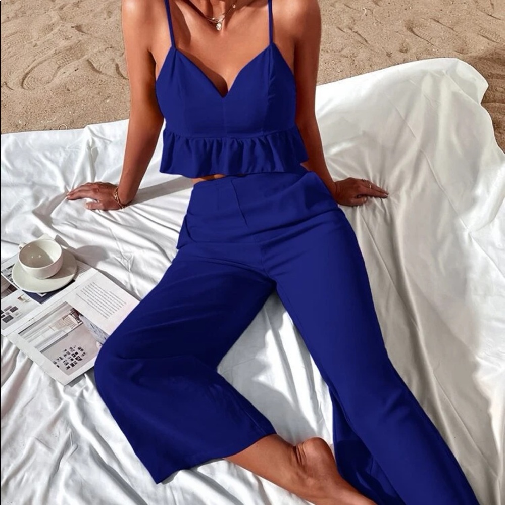 Ruffle Cami Tank & Wide Leg Pant Set, Blue